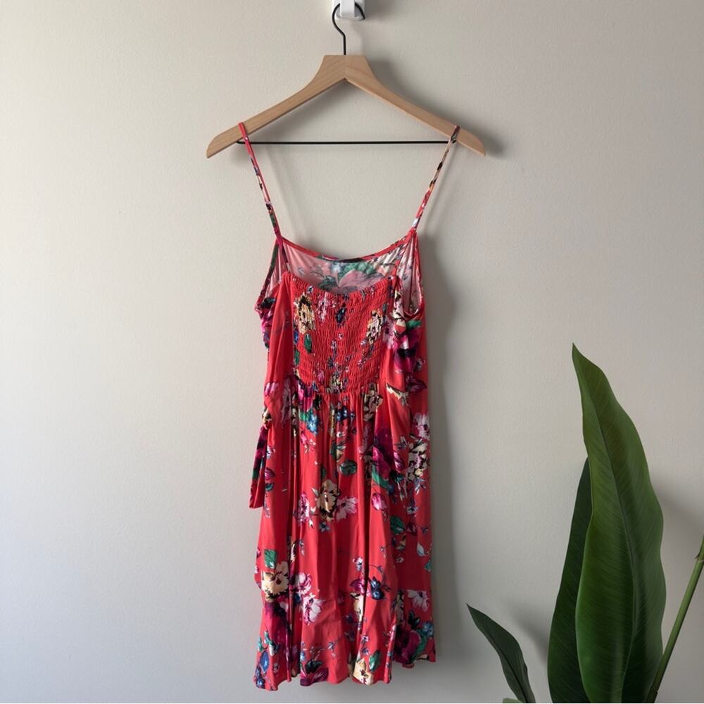 Express Floral Mini Faux Rap Dress adjustable spaghetti straps tropical ruffle M - Picture 4 of 15